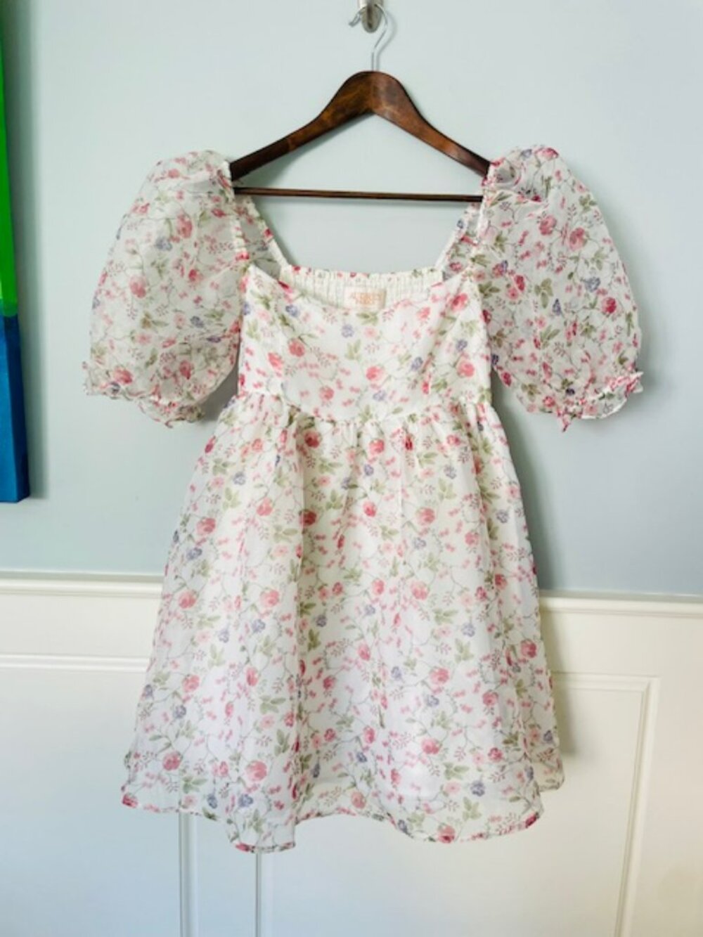 Audrey Parks Puff Sleeve Babydoll Dress Sheer Floral Organza Cottagecore Medium - Picture 2 of 8